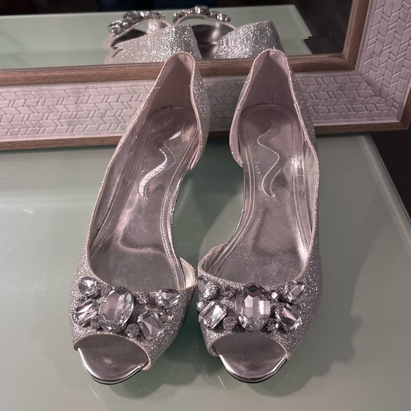 Nina Shoes - NINA Silver glitter with gems wedge heels